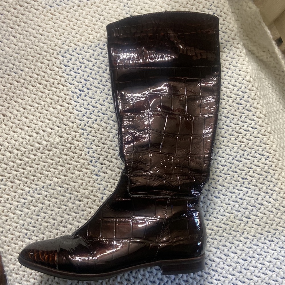 Alex Marie Brown Croc Embossed Patent Low Heel High Boot-Women’s Size 8